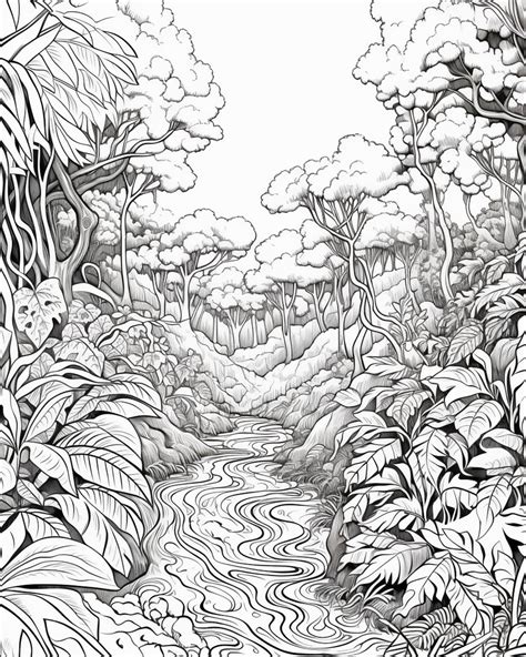 Premium Photo | A black and white drawing of a river surrounded by trees generative ai