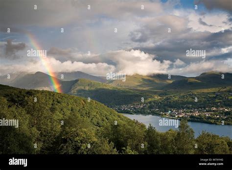 Rainbow over Llyn Padarn and Llanberis, Snowdonia, Wales Stock Photo ...