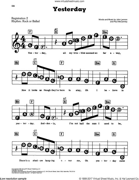 Yesterday sheet music for piano or keyboard (E-Z Play) (PDF)