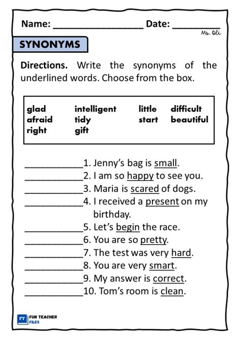 Synonyms Worksheet 1 - Fun Teacher Files