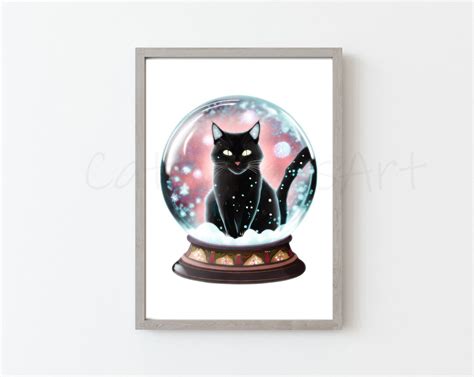 Black Cat in A Snow Globe With Snowflakes Winter Print Wall Art ...