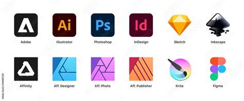 Graphic design software logo set : Adobe Illustrator, Photoshop, InDesign, Figma, Sketch ...
