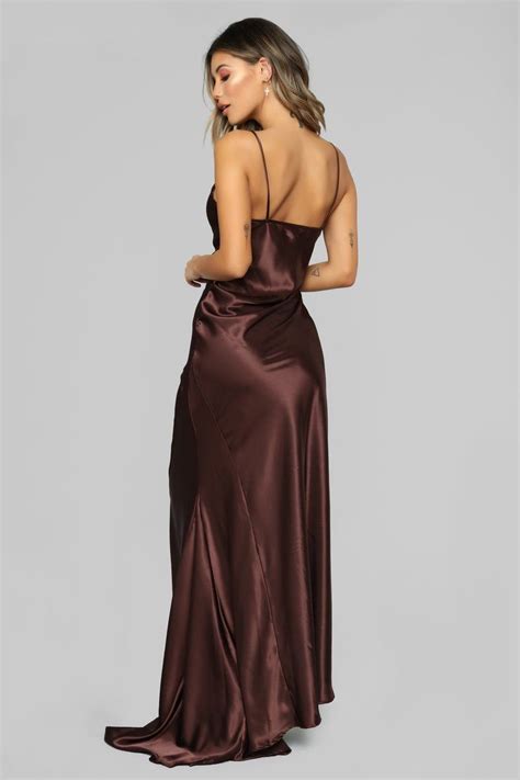 Figure Hugging Satin Maxi Dress - Brown | Brown long dress, Brown silk ...