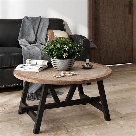 FUIN Rustic Farmhouse Brown Black Round Wood Coffee Table 36 in. D x 36 ...