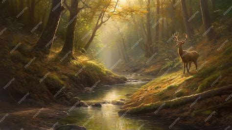 Premium AI Image | A forest scene with a river and a deer in the foreground.