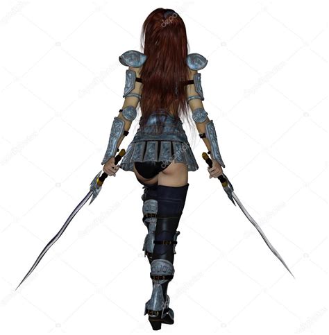 Brunette warrior dual wielding swords in intimidating pose — Stock ...