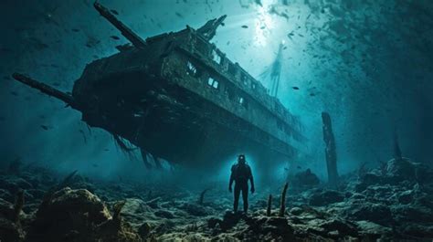 Premium AI Image | A diver hovering over a shipwreck with the rusted remains creating an eerie ...