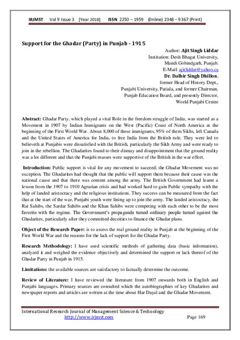 (PDF) Support for the Ghadar (Party) in Punjab -1915 | Interal Res journa Managt Sci Tech and ...