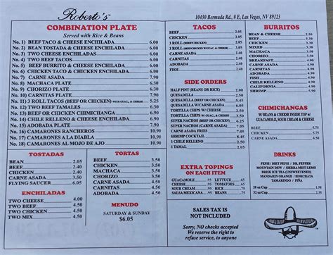 Menu at Roberto's Taco Shop fast food, Las Vegas, 907 S Rainbow Blvd