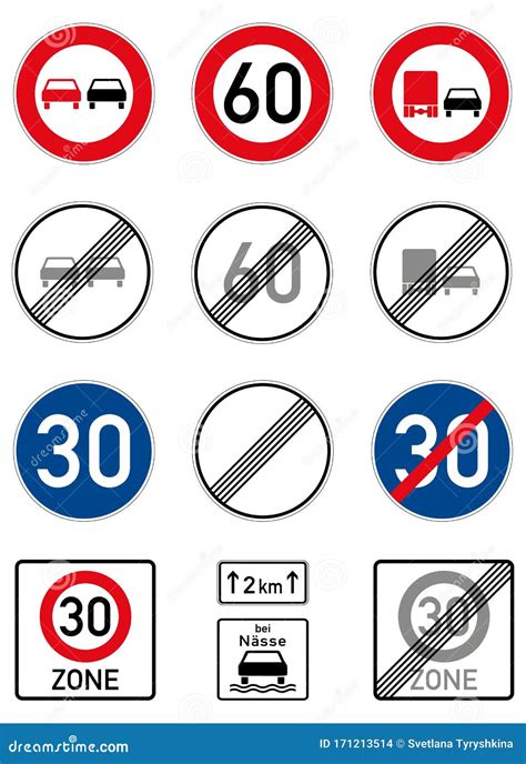 German Road Signs Speed Limit And Overtaking Vector Illustration | CartoonDealer.com #171213514