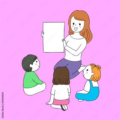 Cartoon cute preschool teacher and students talking vector. Stock Vector | Adobe Stock