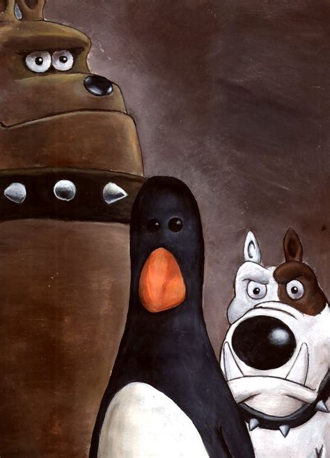 a painting of a penguin and a dog with their faces painted on it's back