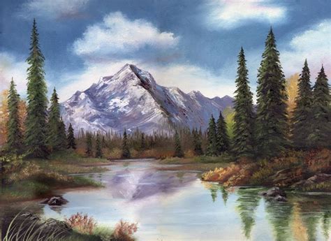 a painting of a mountain with trees in the foreground and a river ...