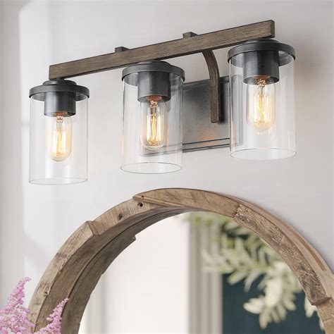 LNC 3-Light Farmhouse Bathroom Vanity Light Rust Gray Metal Vanity Light with Brushed Wood ...