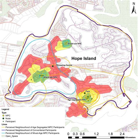 Figure 8. The map of Hope Island showing the walking distance service areas of 400m, 800m and ...