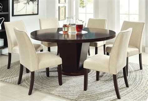 7 PC Espresso Wood Dining Set Round Table Lazy Susan Chair Fabric Seat ...