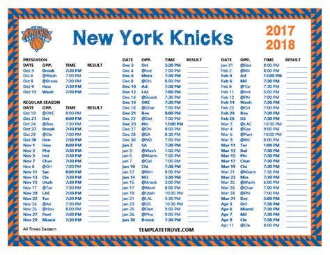 Printable 2017-2018 New York Knicks Schedule