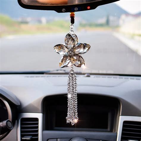 Crystal Flower Car Hanging Ornament Car Rear View Mirror Pendant Car Accessories-in Wind Chimes ...