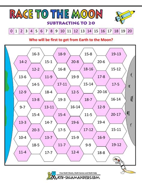 Math Games Second Grade - Race to the Moon Subtraction to 20