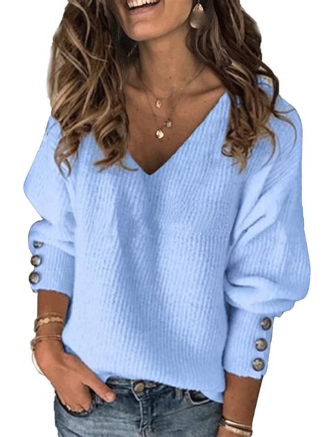 Warm Winter Plus Size Lantern Long Sleeve Sweaters Jumper for Women Casual Solid V Neck Knitted ...