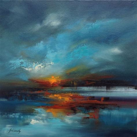 Stormy Lake - 40 x 40 cm, abstract landscape oil painting, blue, red, turquoise, orange (2016 ...