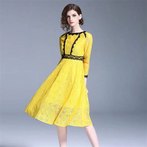 BLLOCUE New High Quality 2018 Autumn Fashion Designer Runway Yellow Dress Women's Lace up Hollow ...