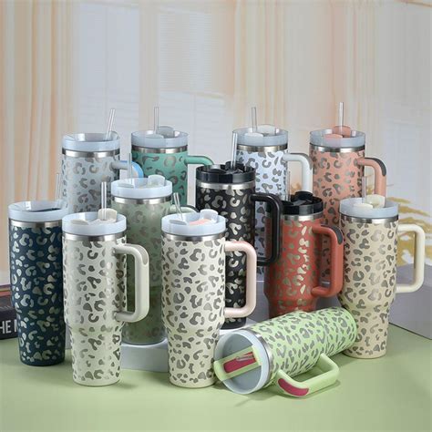 40oz Insulated Mug with Handle and Straw Colorful Leopard Pattern ...