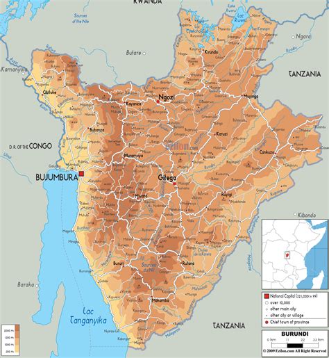 Physical Map of Burundi - Ezilon Maps