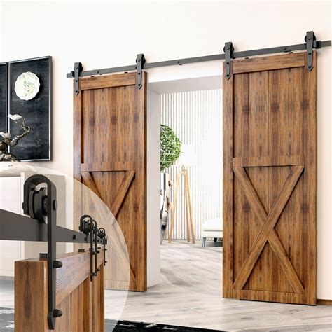 Homacer Black Rustic Sliding Barn Door Hardware Kit, for Two/Double Doors, 5.5ft Long Flat Track ...