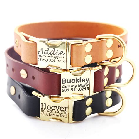 Personalized Engraved Leather Dog Collar - Metal / Brass Buckle