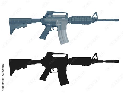 M16 assault rifle isolated on white. Flat design. Military automatic gun silhouette. Vector ...