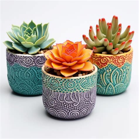 Premium Photo | 3 ceramic pots decorated with succulents on a white ...