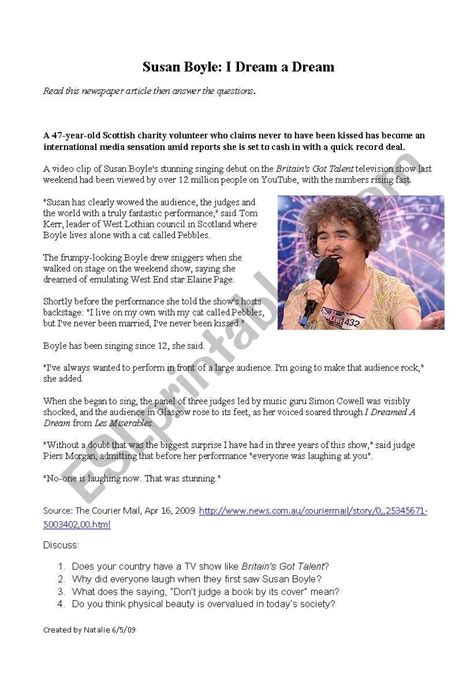 Susan Boyle: I Dreamed a Dream Gapfill - ESL worksheet by Nat01