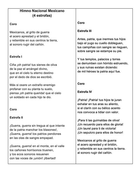 Letra Himno Nacional Mexicano para imprimir