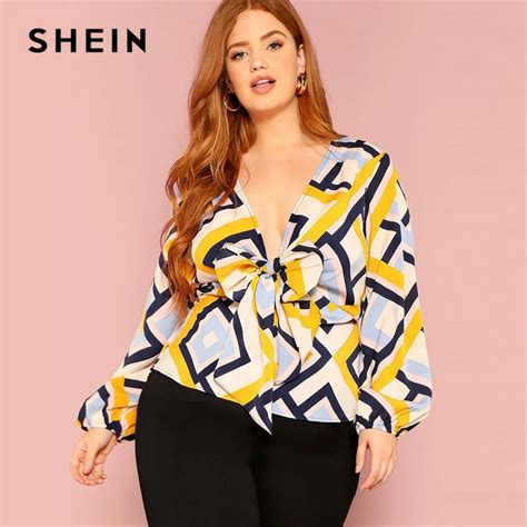 SHEIN Plus Size Deep V Neck Bow Front Geometric Print Peplum Shirt Blouse Women Spring Lantern ...