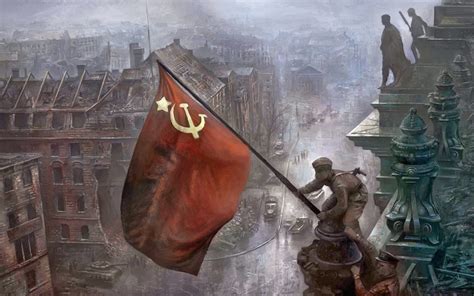 Russian soldiers hoist the Soviet flag over Berlin, marking the end of WW2. 2nd May 1945. : r ...