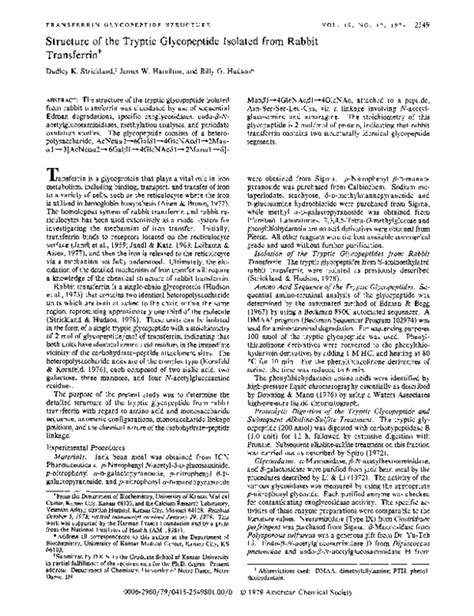 (PDF) Structure of the tryptic glycopeptide isolated from rabbit transferrin | Billy Hudson ...