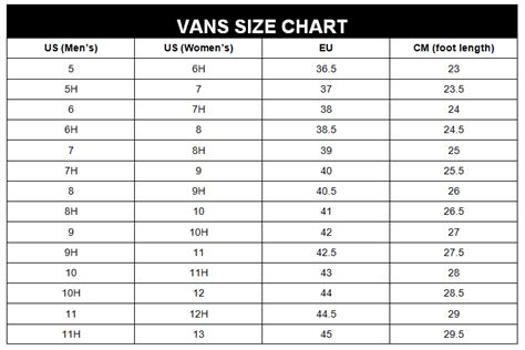 Vans Shoe Size Chart Usa