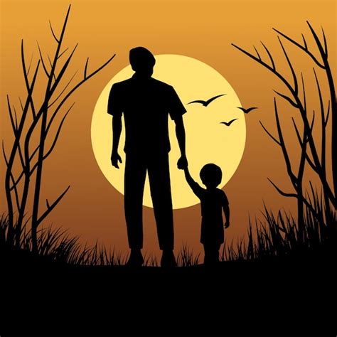 Premium Vector | Father and son in silhouette walking at sunse