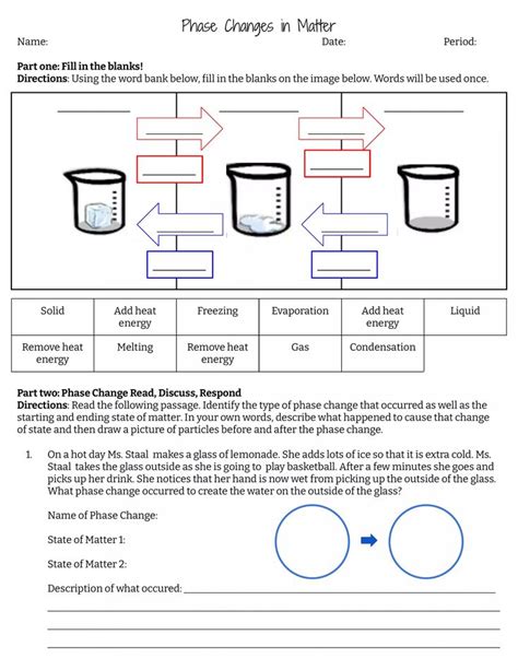 Phase Change in Matter Worksheet | Matter worksheets, States of matter ...