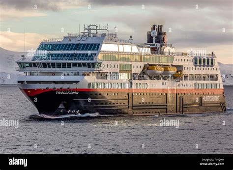 The Hurtigruten Cruise ship Trollfjord from Norway, which takes ...