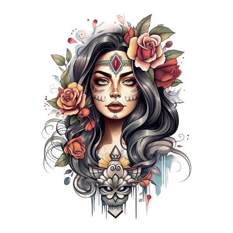 Tattoo style portrait of chicano girl Mexican woman with flowers art ...