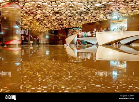 DUBAI - NOVEMBER 08, 2016: The interior of the Burj Khalifa in 125 floor. Wooden decorated ...