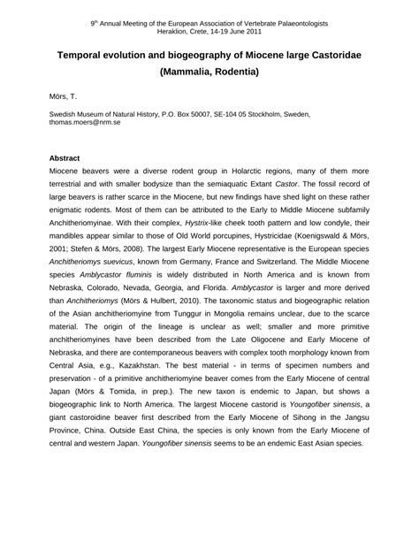 (PDF) Temporal evolution and biogeography of Miocene large Castoridae (Mammalia, Rodentia)