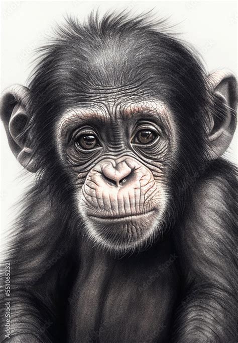 Portrait of a baby chimpanzee, pencil drawing, black and white digital illustration, of an ape ...