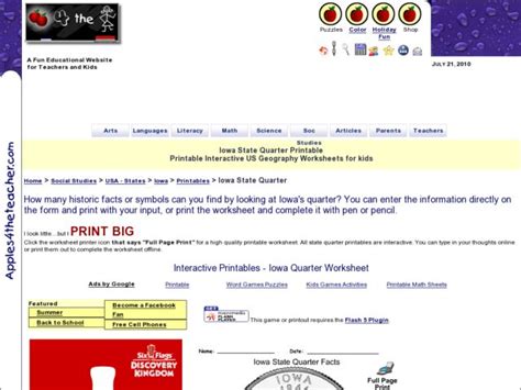 Iowa State Quarter Worksheet for 2nd - 4th Grade | Lesson Planet