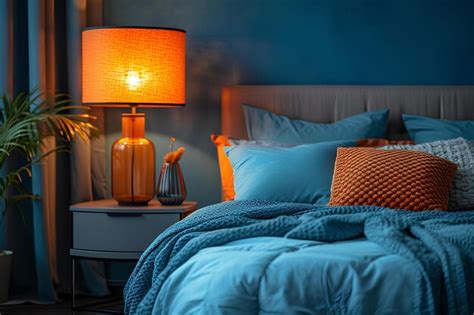 Premium Photo | A orange lamp in a light blue bedroom with red pillows