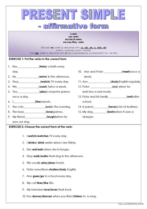 Present Simple - affirmative form: English ESL worksheets pdf & doc