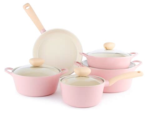 Retro 9 Piece Ceramic Nonstick Cookware Set in Pink, Glass Lid | Pastel ...