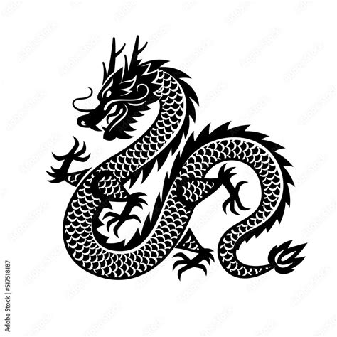 Traditional Chinese Dragon black silhouette icon isolated on white background. Vector ...